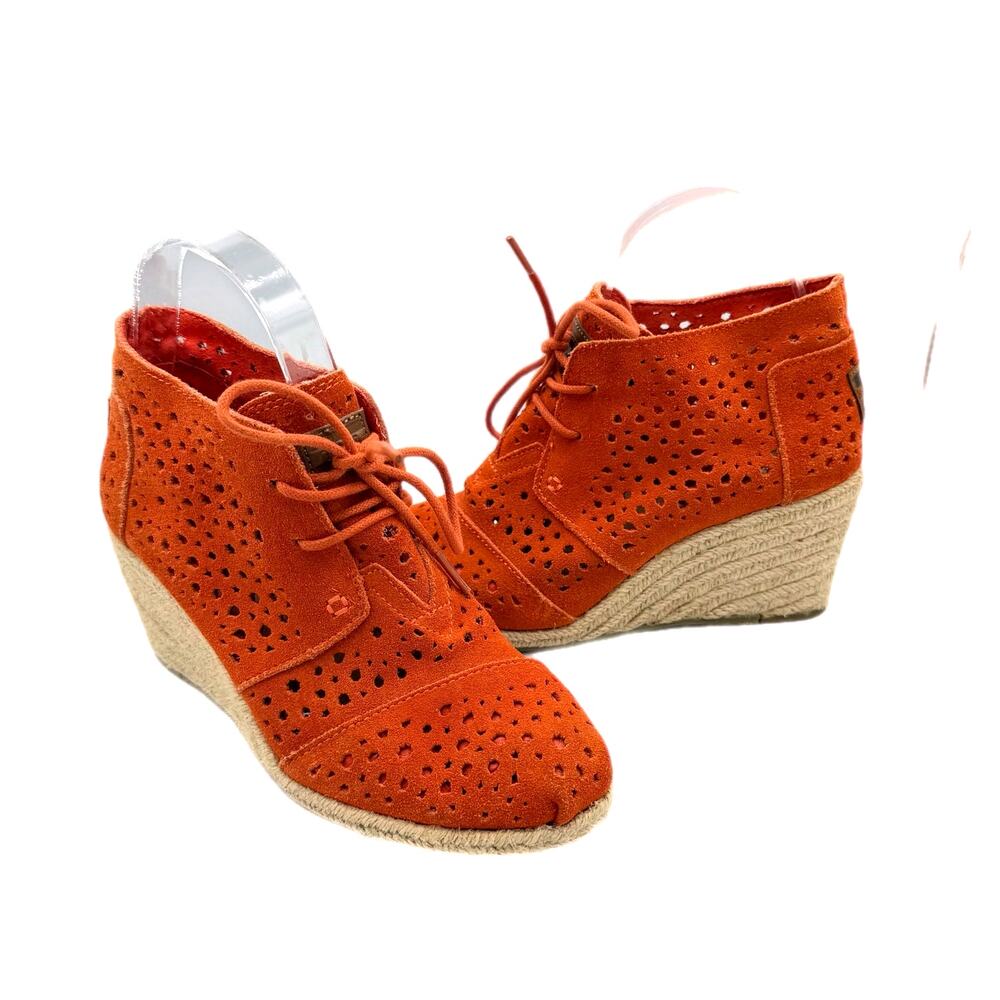 Toms Moroccan Orange Leather Cutout Desert Lace Up Ankle Wedge Bootie Cute Boho